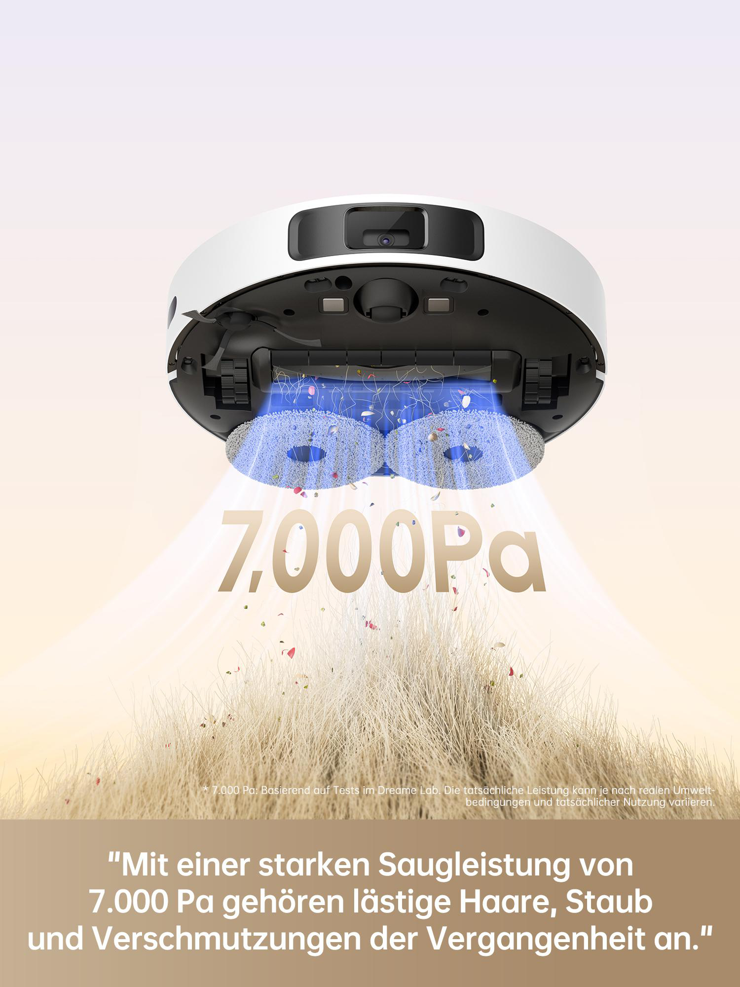Ein weißer und schwarzer Roboter-Staubsauger mit Text.