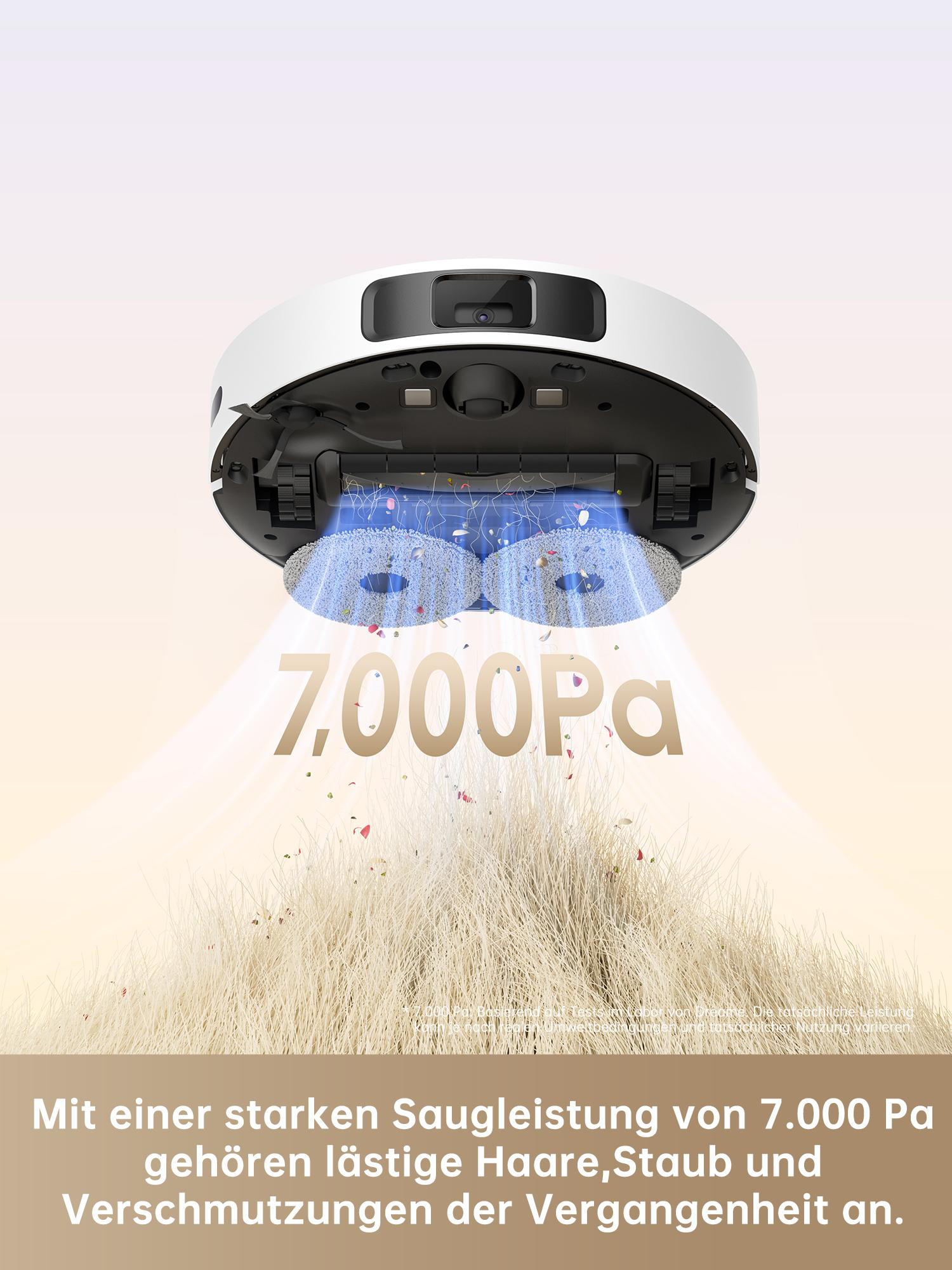 Roboter-Staubsauger beim Reinigen, mit Text, der 7.000 Pa Saugkraft und Reinigungseffizienz anzeigt.