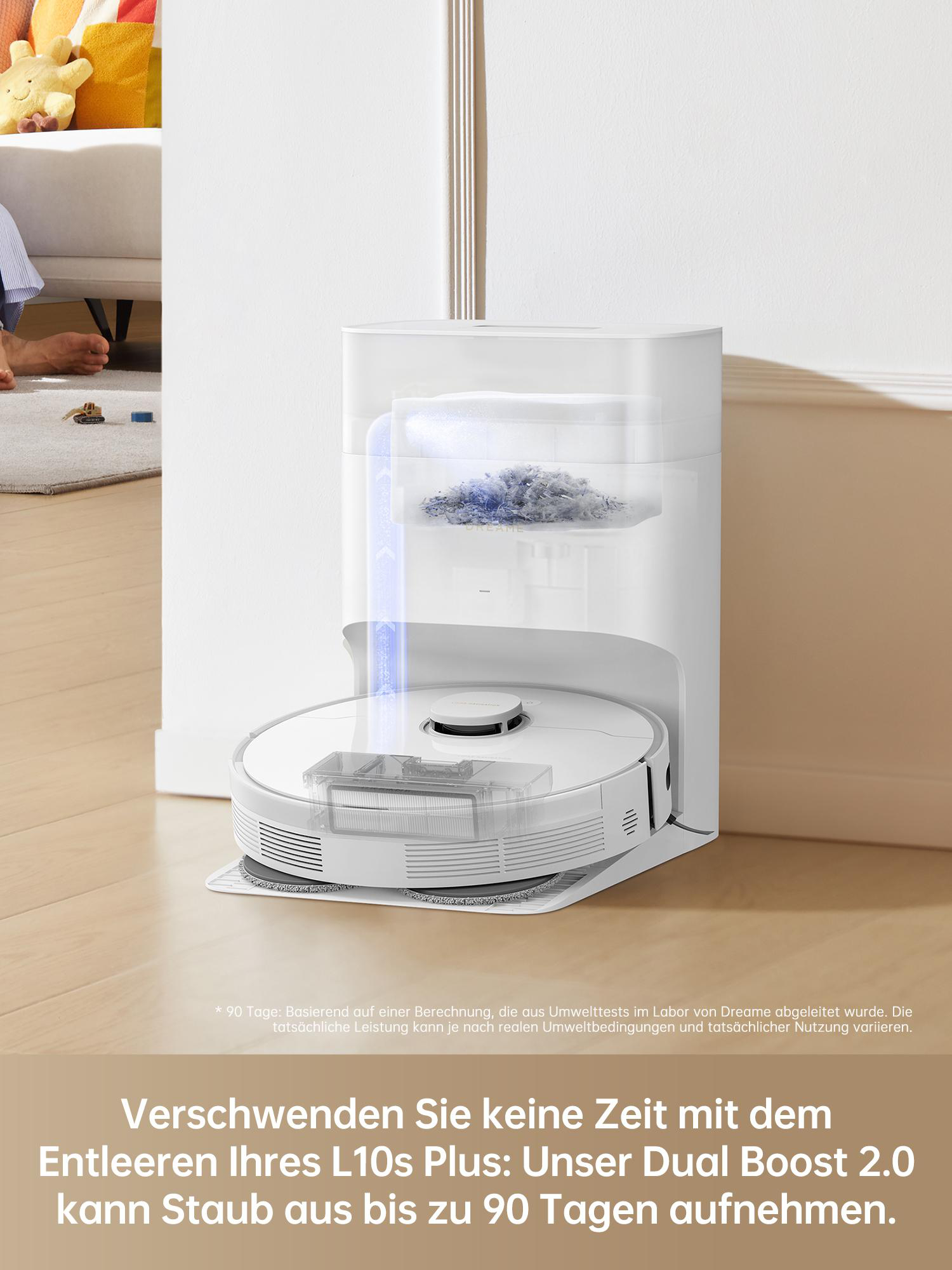 Weißer Roboter-Staubsauger mit Staubbehälter. Text: Dual-Boost 2.0 kann bis zu 90 Tage Staub aufnehmen.