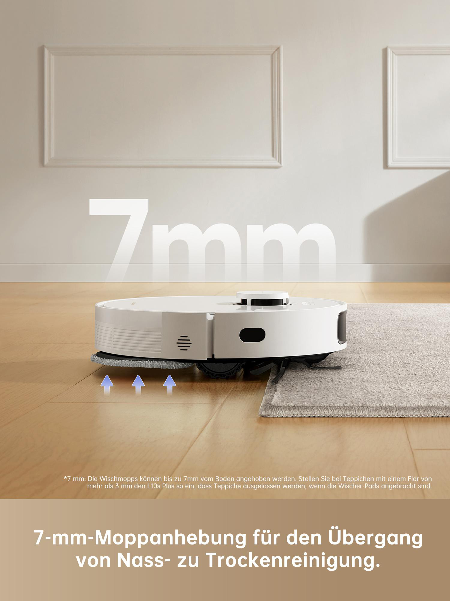Ein weißer Roboter-Staubsauger auf einem Holzboden mit einem Teppich.