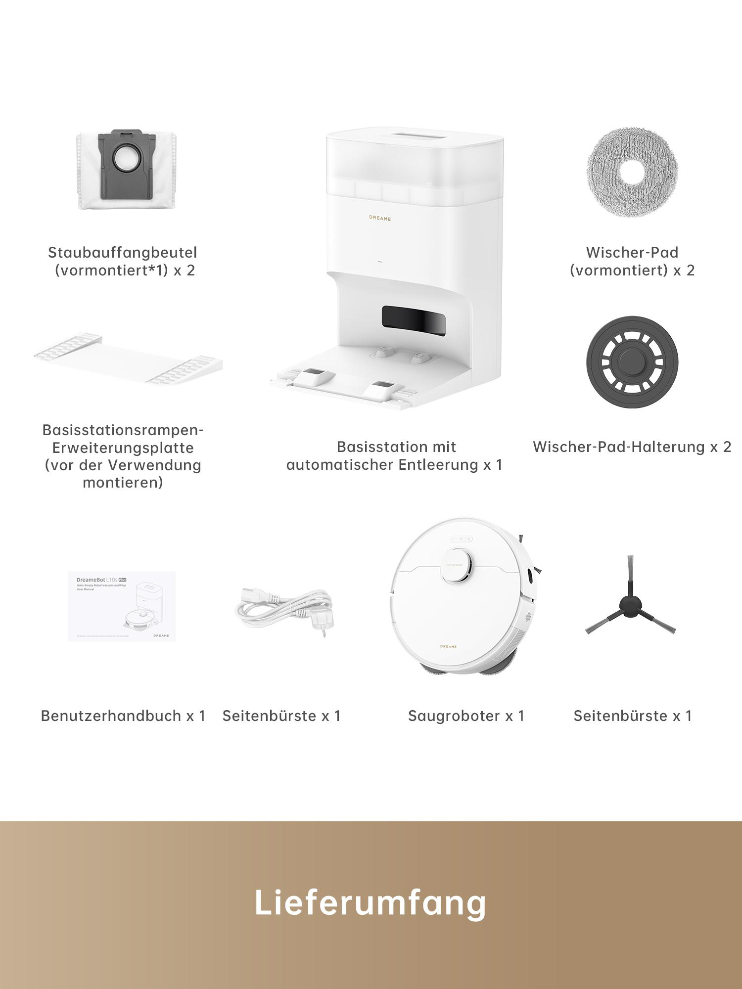 Eine Produktübersicht mit einem Staubsauger, Zubehör und einer Bedienungsanleitung.