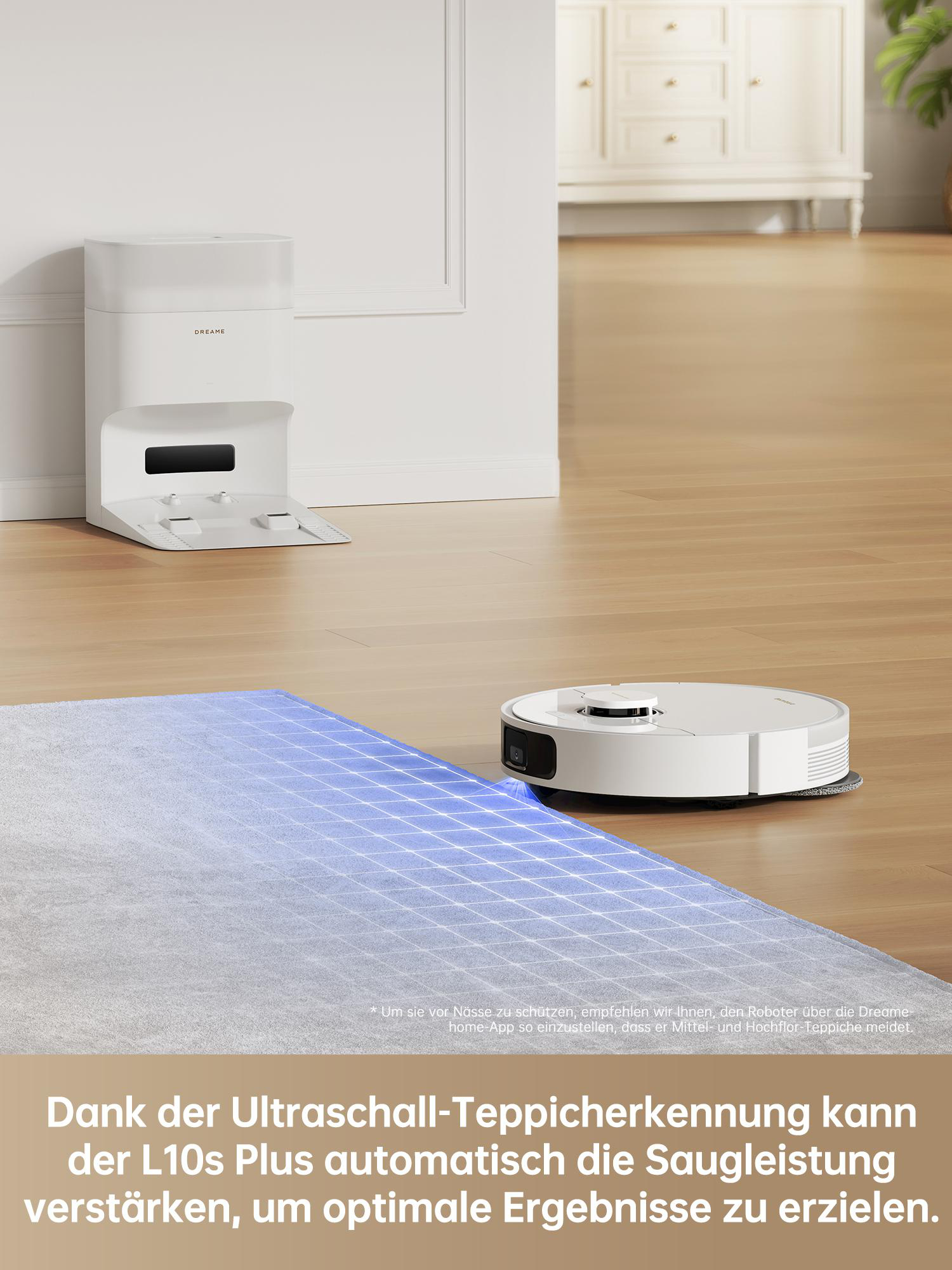 Ein Roboter-Staubsauger auf einem gemusterten Teppich mit Text auf Deutsch.