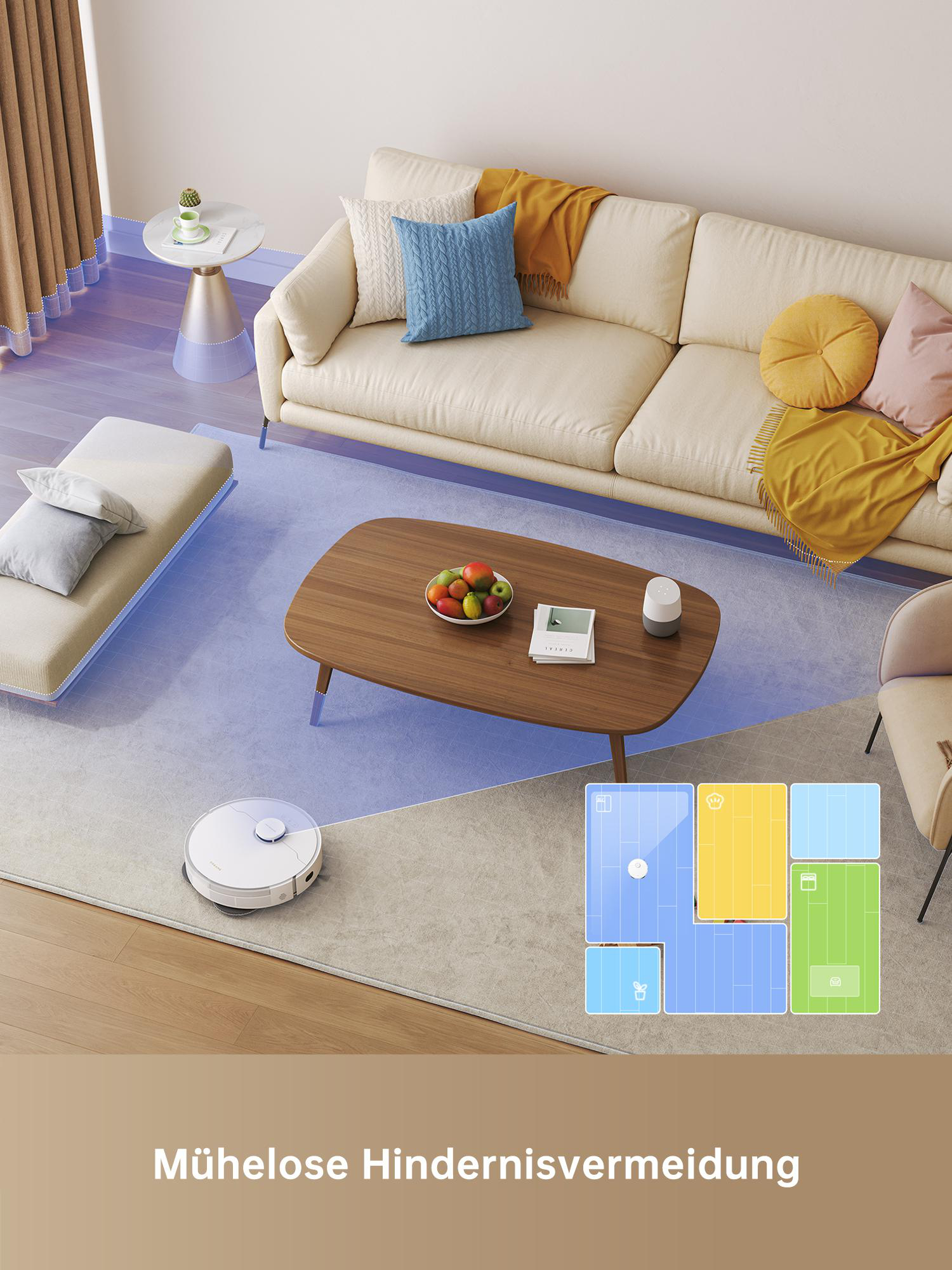 Ein Roboter-Staubsauger mit einer Smart Home-Kartenoberfläche auf der rechten Seite.