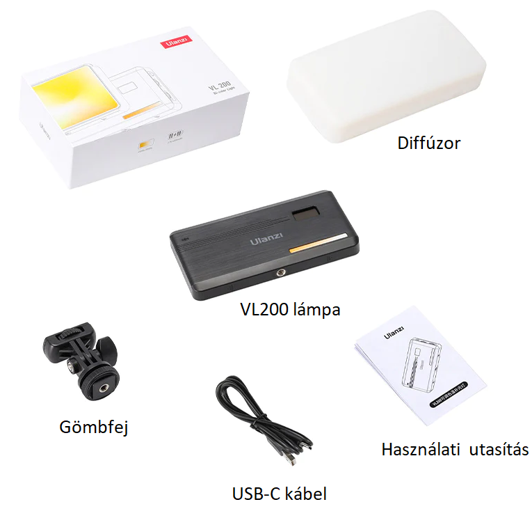 Kameratartozékok, köztük lámpa, diffúzor és USB kábel.