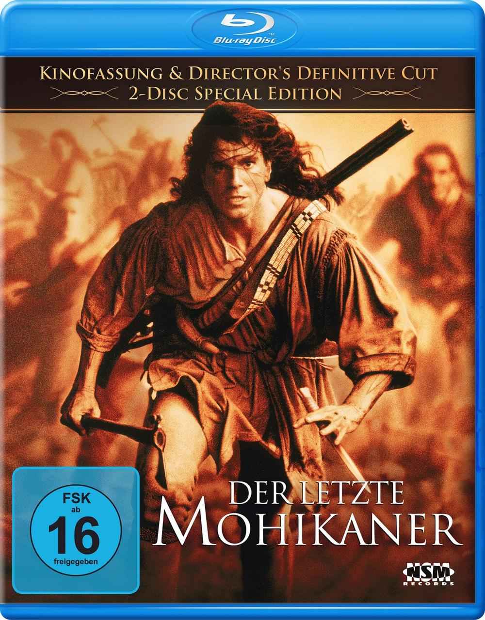 Blu-ray-Cover: Der letzte Mohikaner, mit einem Mann in brauner Kleidung mit einem Gewehr.