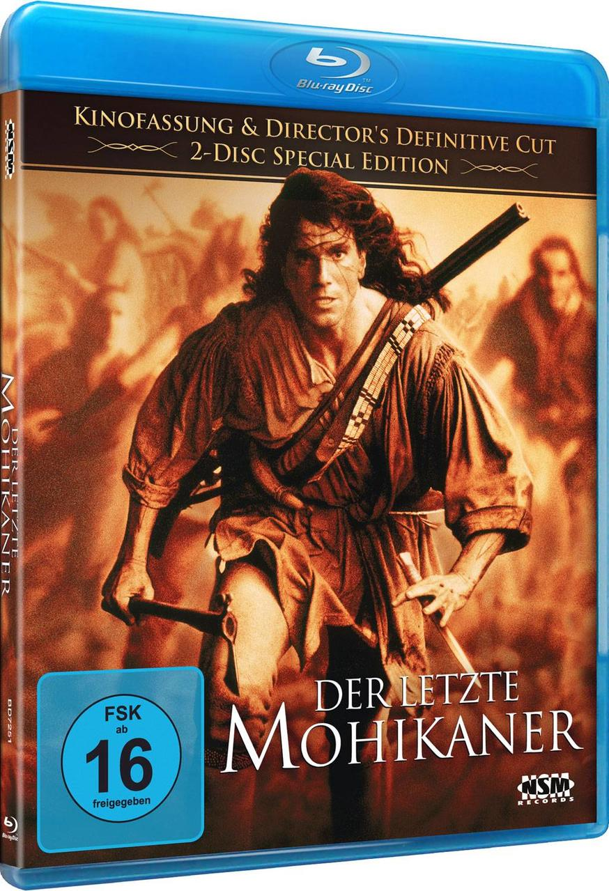 Eine Blu-ray-Filmhülle für 'Der letzte Mohikaner', mit einem Mann mit einer Waffe.