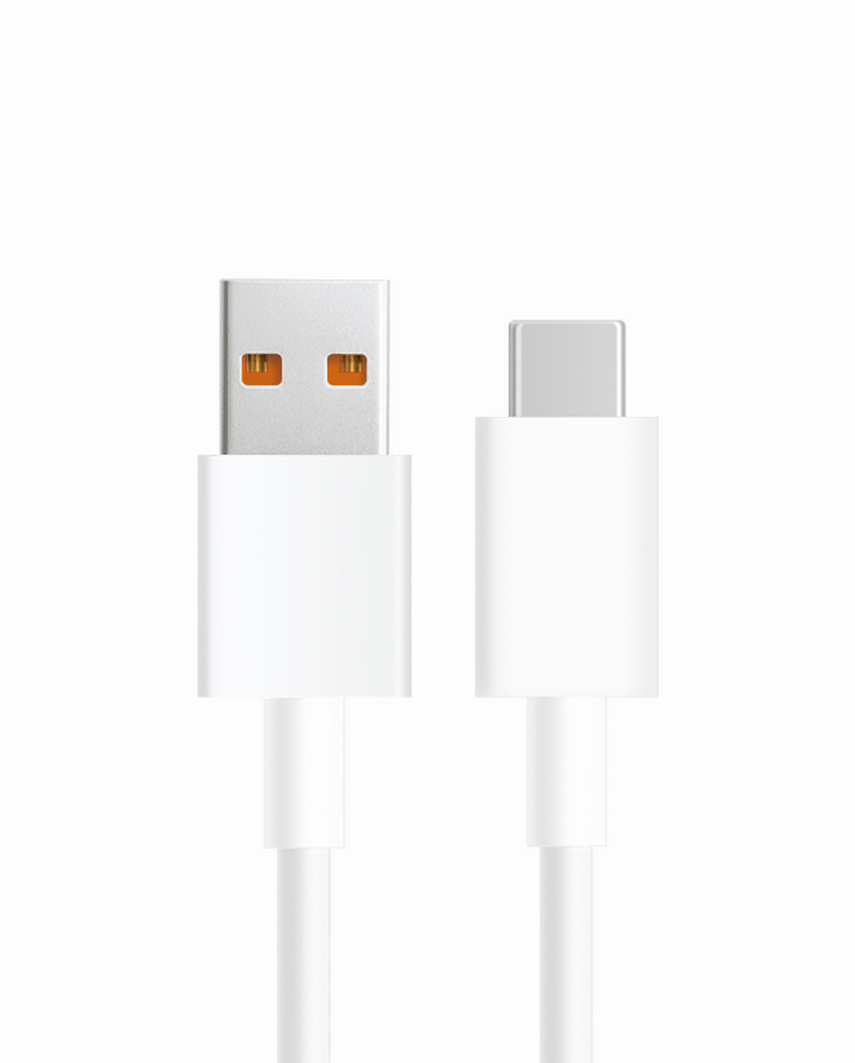 Cable de carga blanco USB a USB-C sobre un fondo blanco.