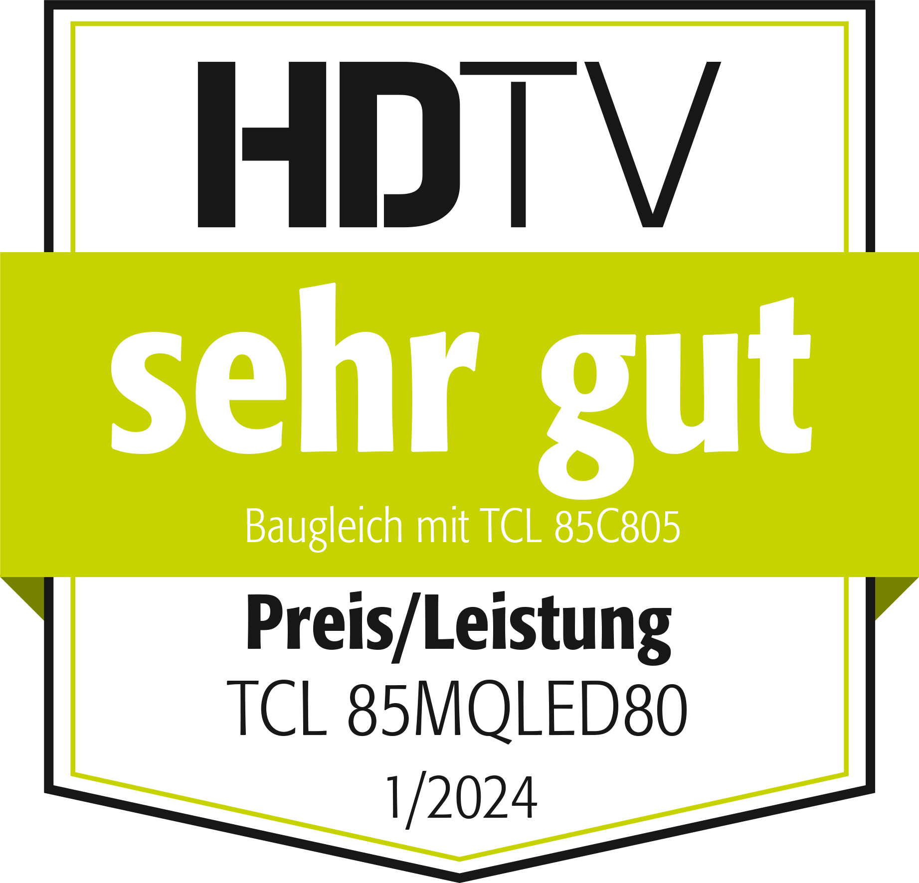 HDTV-Bewertungsabzeichen, mit 'sehr gut' und Text darunter. Darunter 'Preis/Leistung' und Modellinfo.