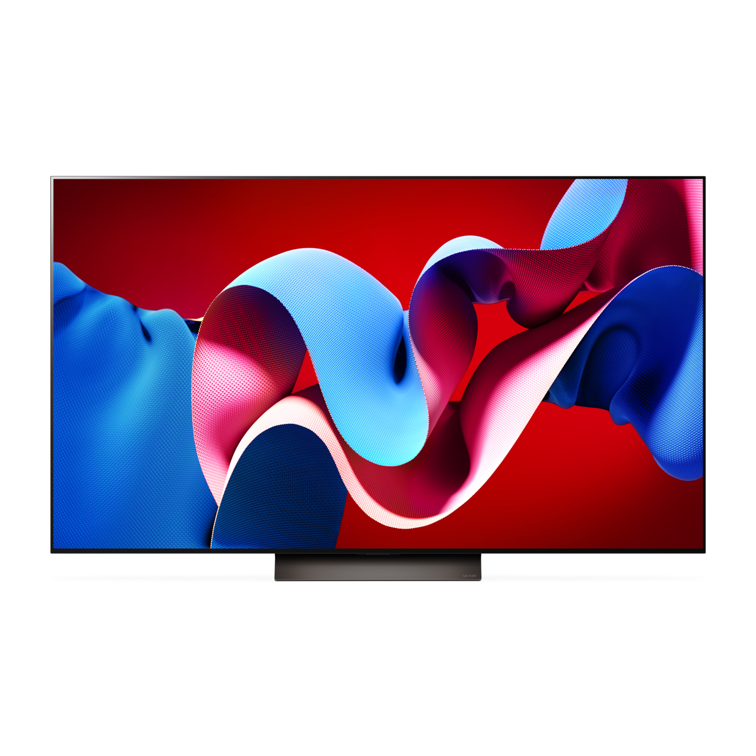 Écran de télévision avec un design abstrait coloré sur un support noir.