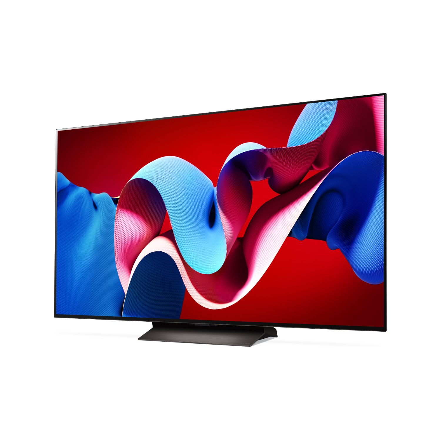 Une télévision noire avec un écran incurvé et un pied. Le fond est un design abstrait coloré.