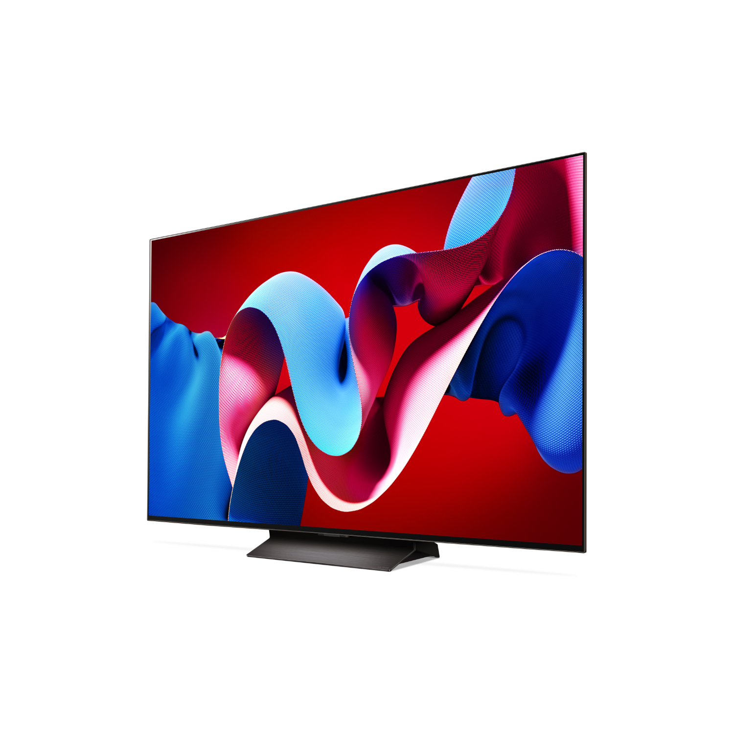 Téléviseur moderne avec un design abstrait rouge, bleu et blanc sur l'écran. Le téléviseur a un socle et une lunette noirs.
