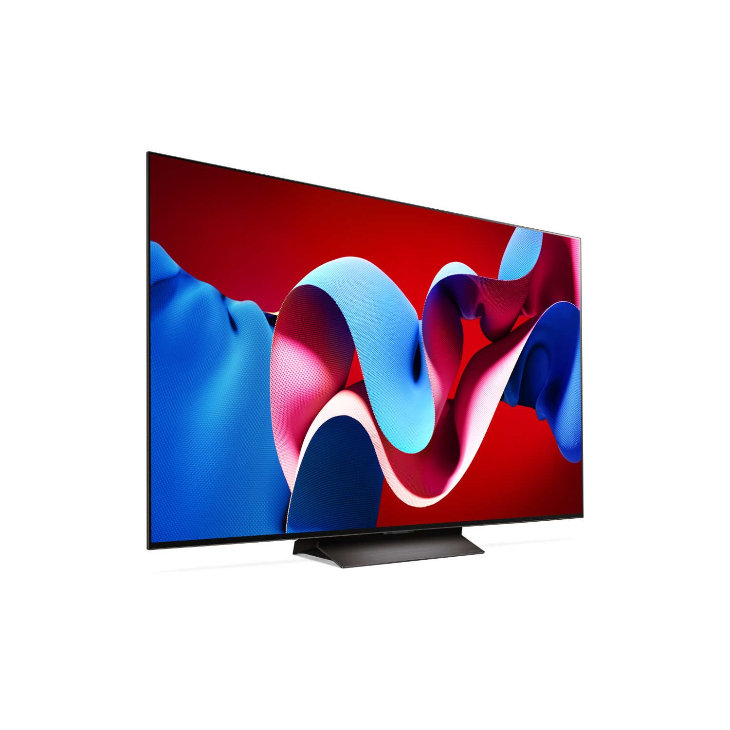 Une télévision moderne avec un graphique abstrait rouge et bleu sur fond blanc.