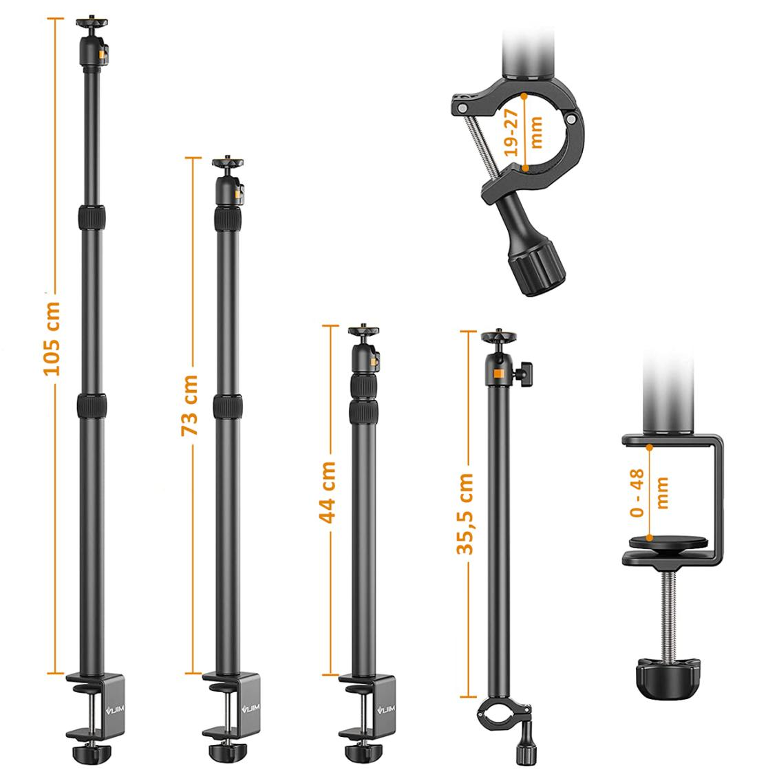 Különböző magasságú fekete mikrofonállványok állítható bilincsekkel. A legmagasabb 105 cm, a legalacsonyabb 35,5 cm.