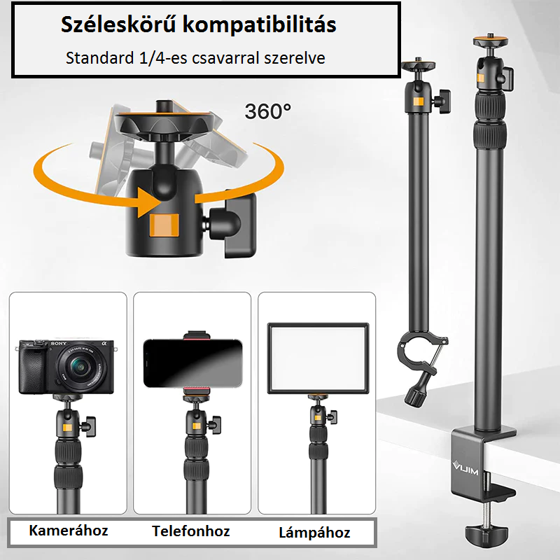 Egy kamera tartozék 360 fokban forgó fejjel és különböző rögzítési lehetőségekkel.