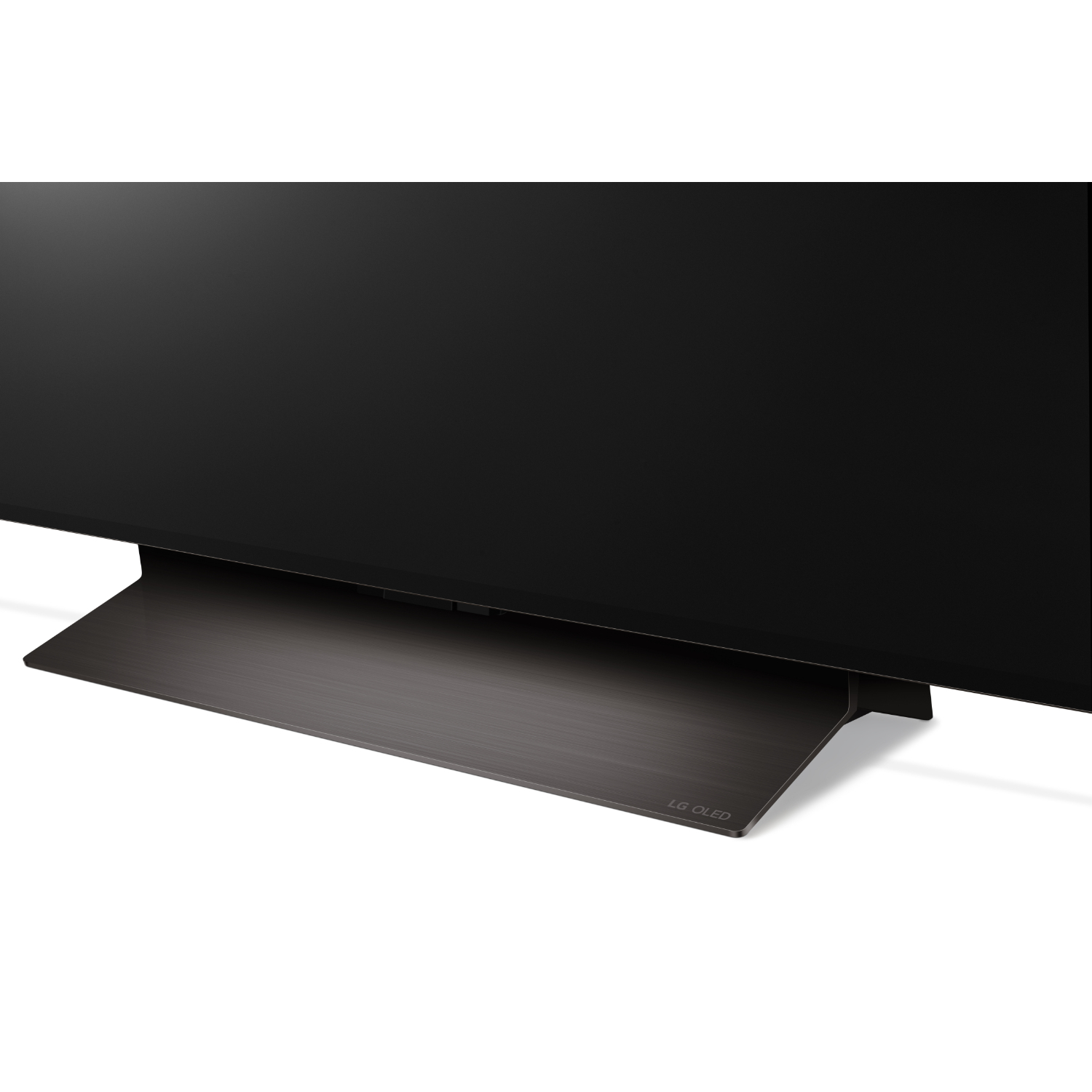 Un pied de télévision moderne avec le logo LG OLED.