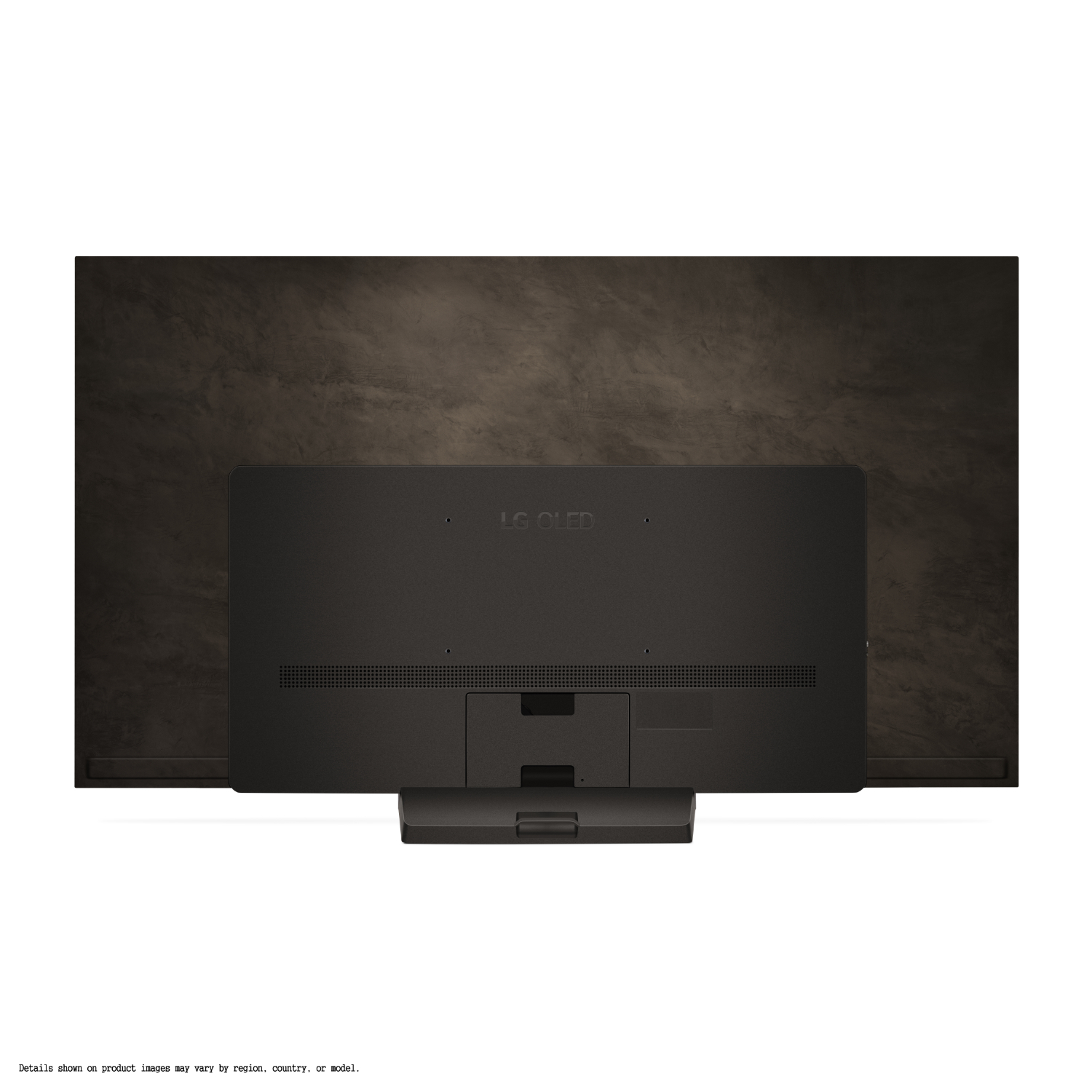 Arrière d'un téléviseur LG OLED sur un mur marron foncé, avec un support.