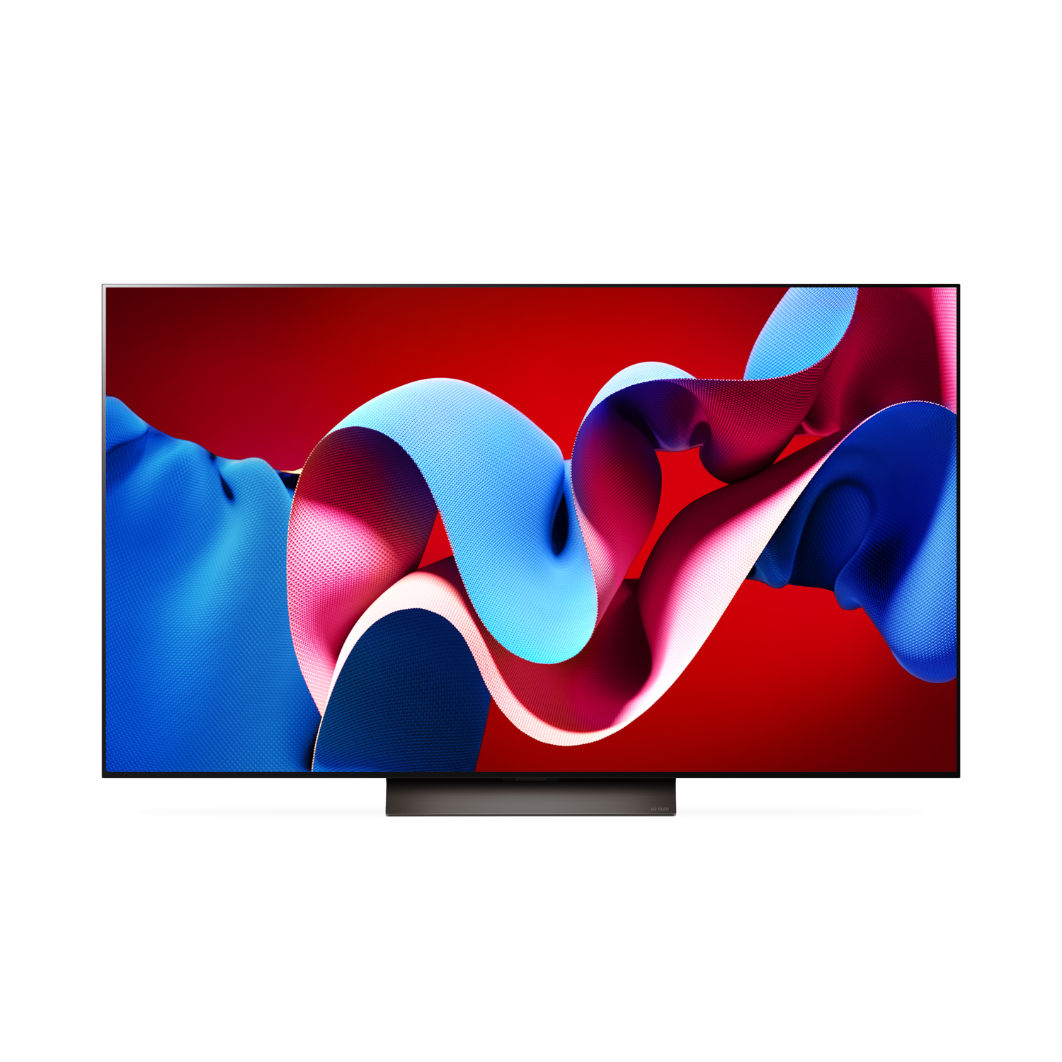 Un écran de télévision avec des formes abstraites colorées sur un fond rouge.