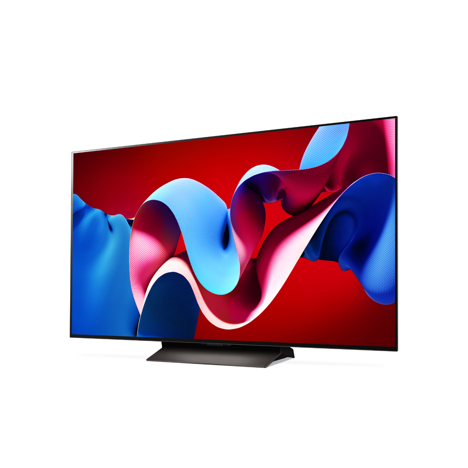 Une grande télévision affiche une image abstraite colorée sur fond blanc.