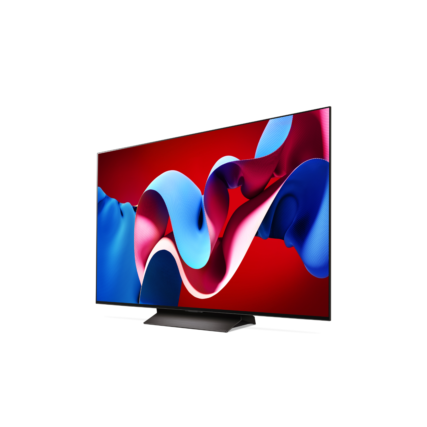 TV à écran incurvé avec fond rouge, formes abstraites bleues et rouges sur l'écran.