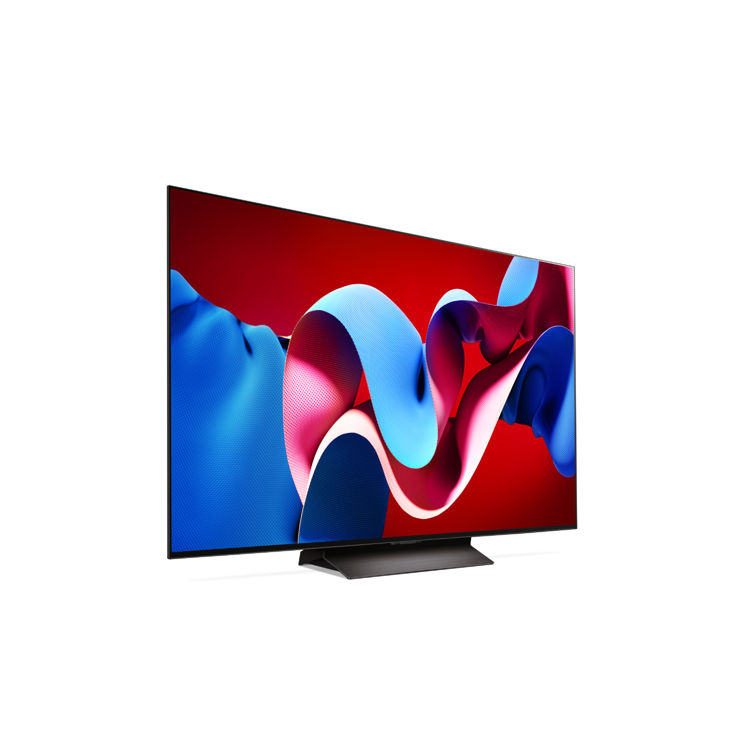 Un téléviseur moderne avec un design abstrait rouge et bleu sur l'écran.