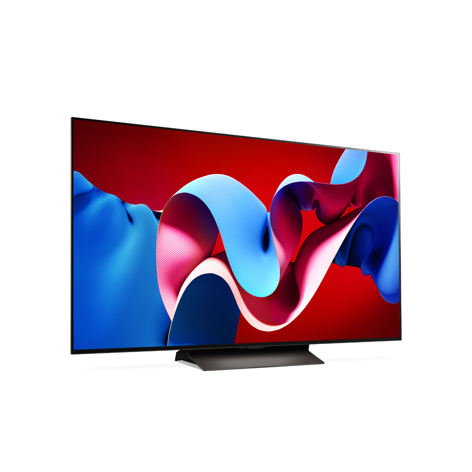 Un téléviseur moderne avec un pied noir. L'écran affiche des formes abstraites colorées sur fond rouge.