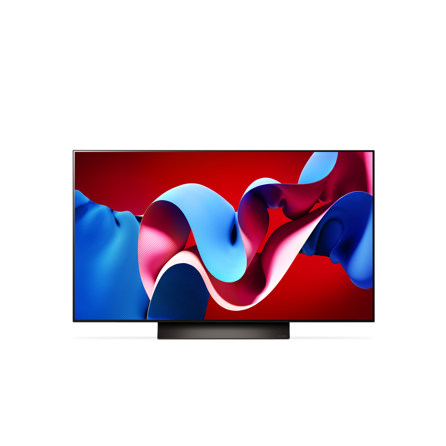 Un écran de télévision moderne affichant des formes colorées abstraites sur fond rouge.