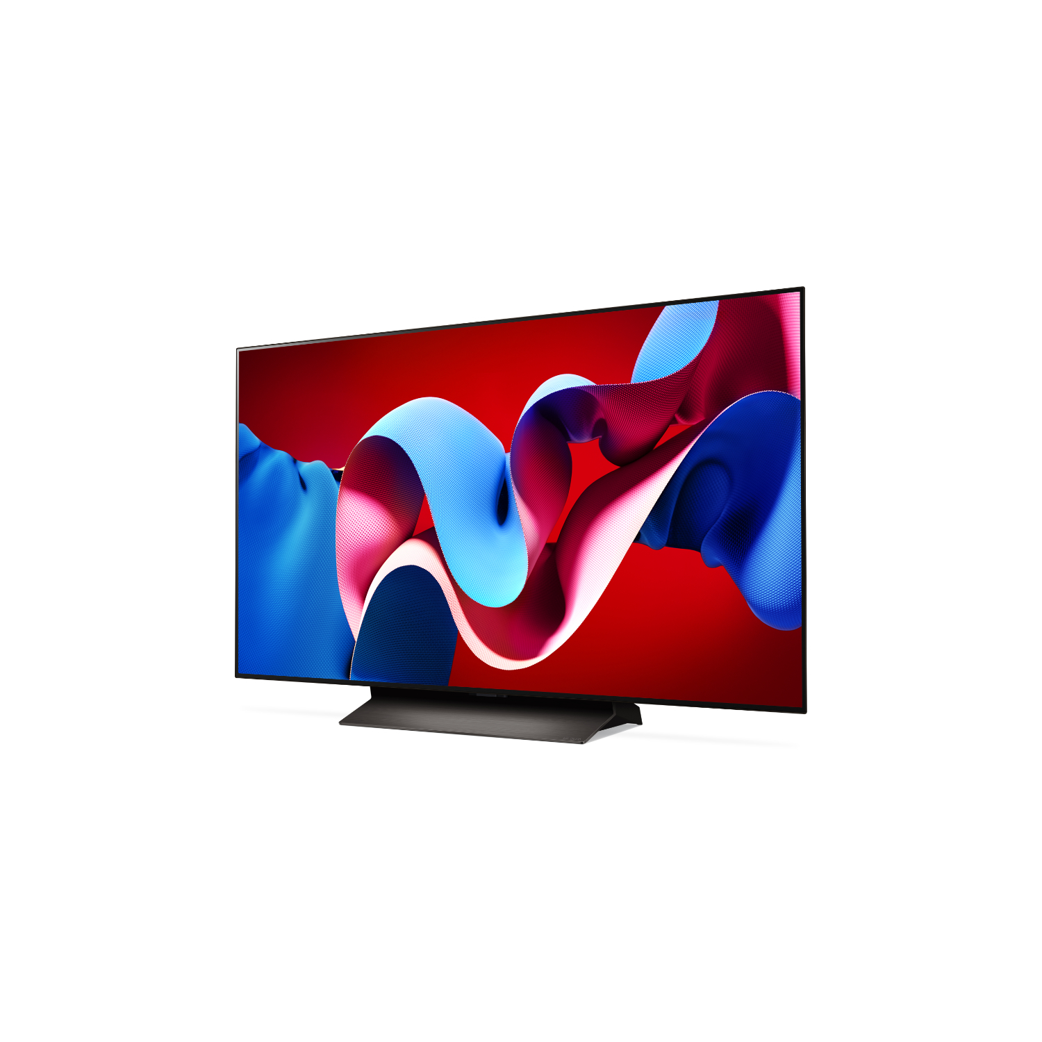 Une télévision moderne sur un support, affichant des formes abstraites rouges et bleues en mouvement sur un fond rouge.