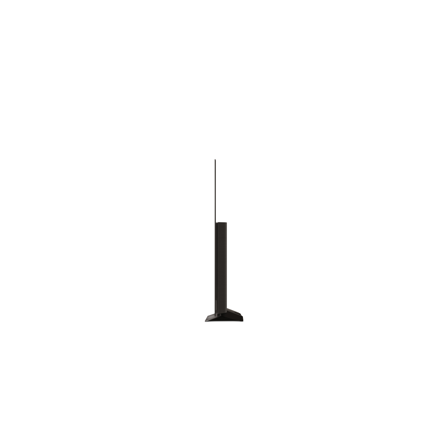 Vue latérale d'une télévision noire sur fond blanc. Avec un écran fin et un pied.