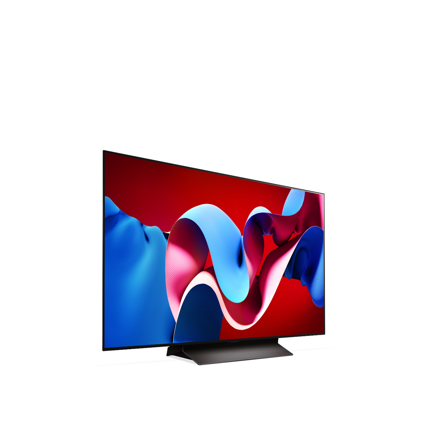 Une télévision moderne affichant des formes abstraites bleues et rouges sur un fond rouge.