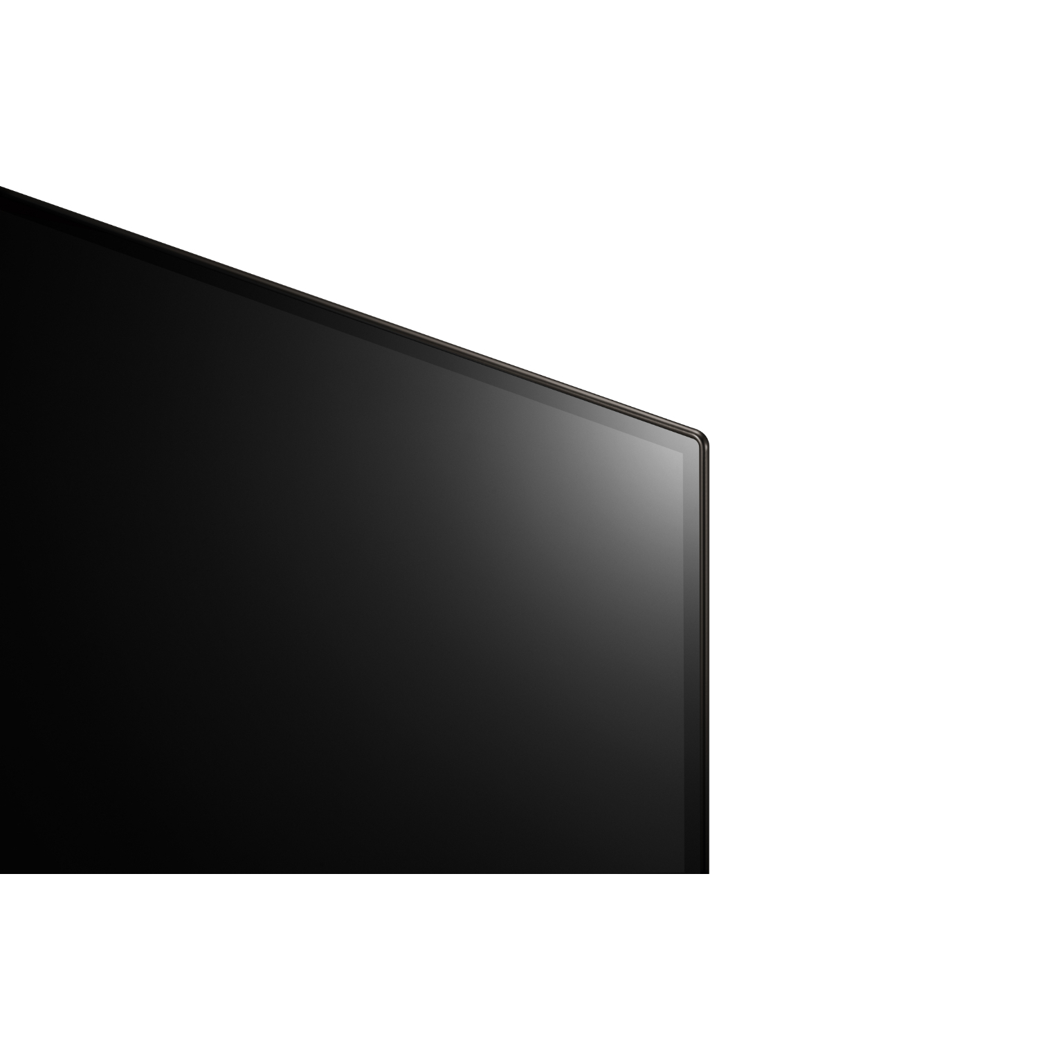 Gros plan sur le bord et le cadre d'un écran de télévision noir. Fond blanc. L'écran est éteint.