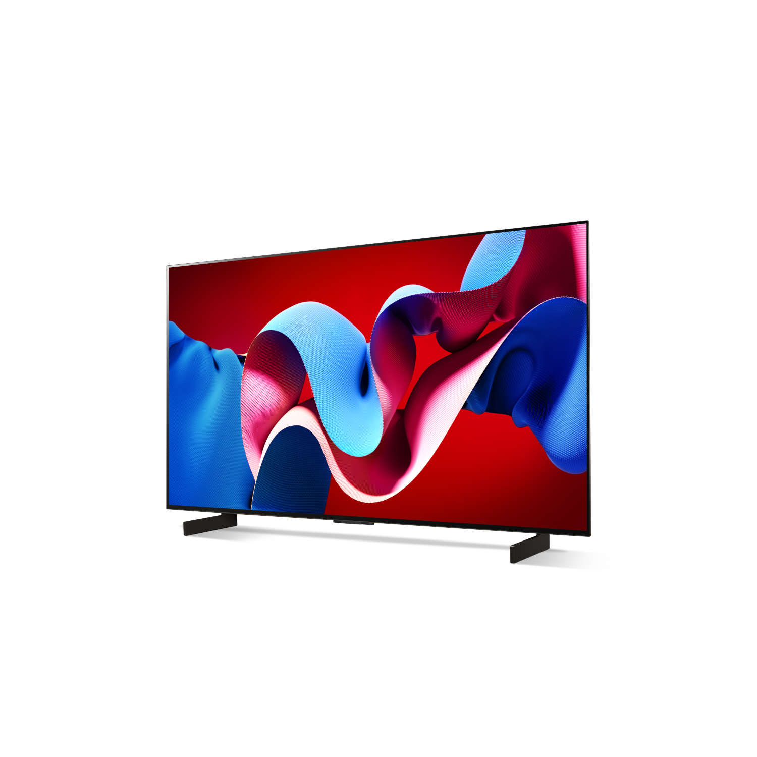 Une grande télévision noire avec un écran d'art abstrait coloré sur fond blanc.