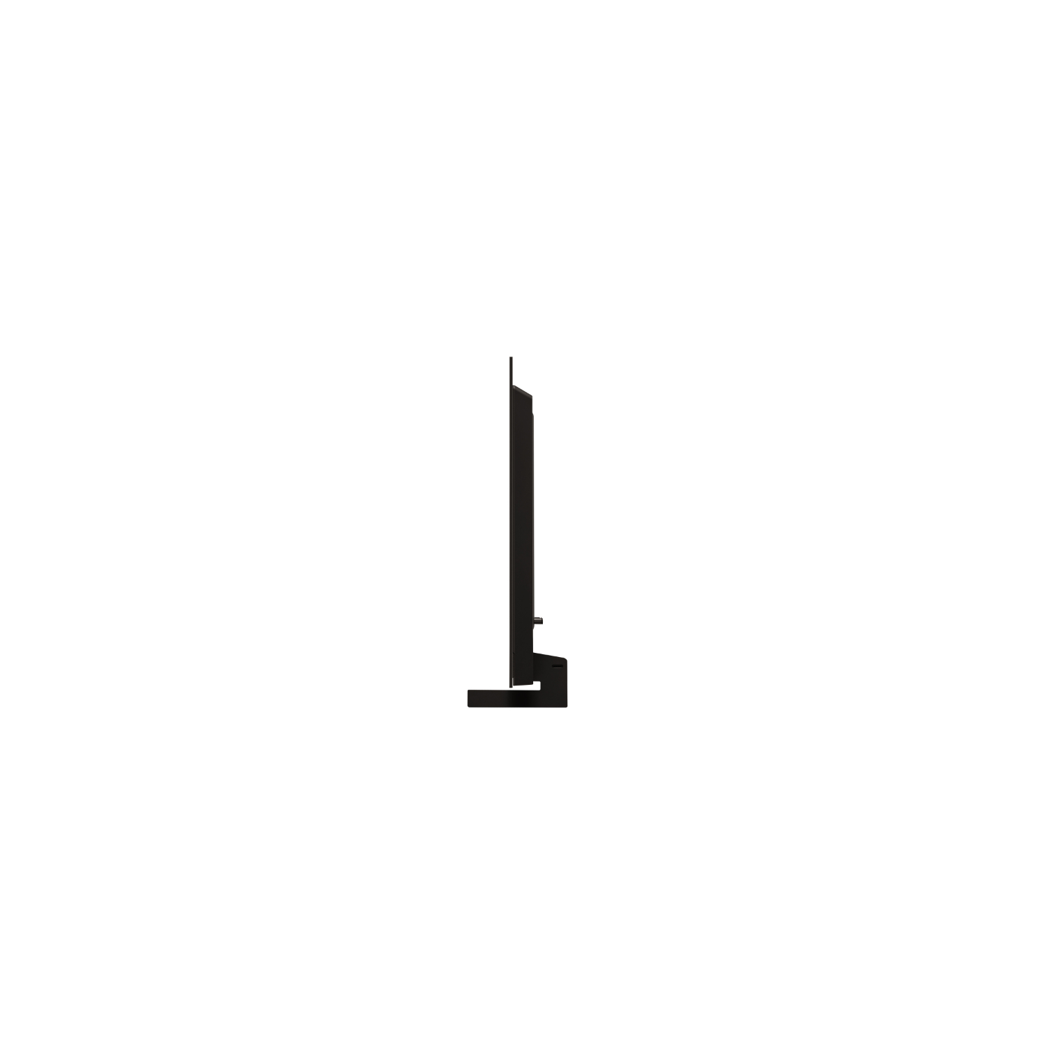 Écran et support de télévision noirs, vue latérale, sur fond blanc.