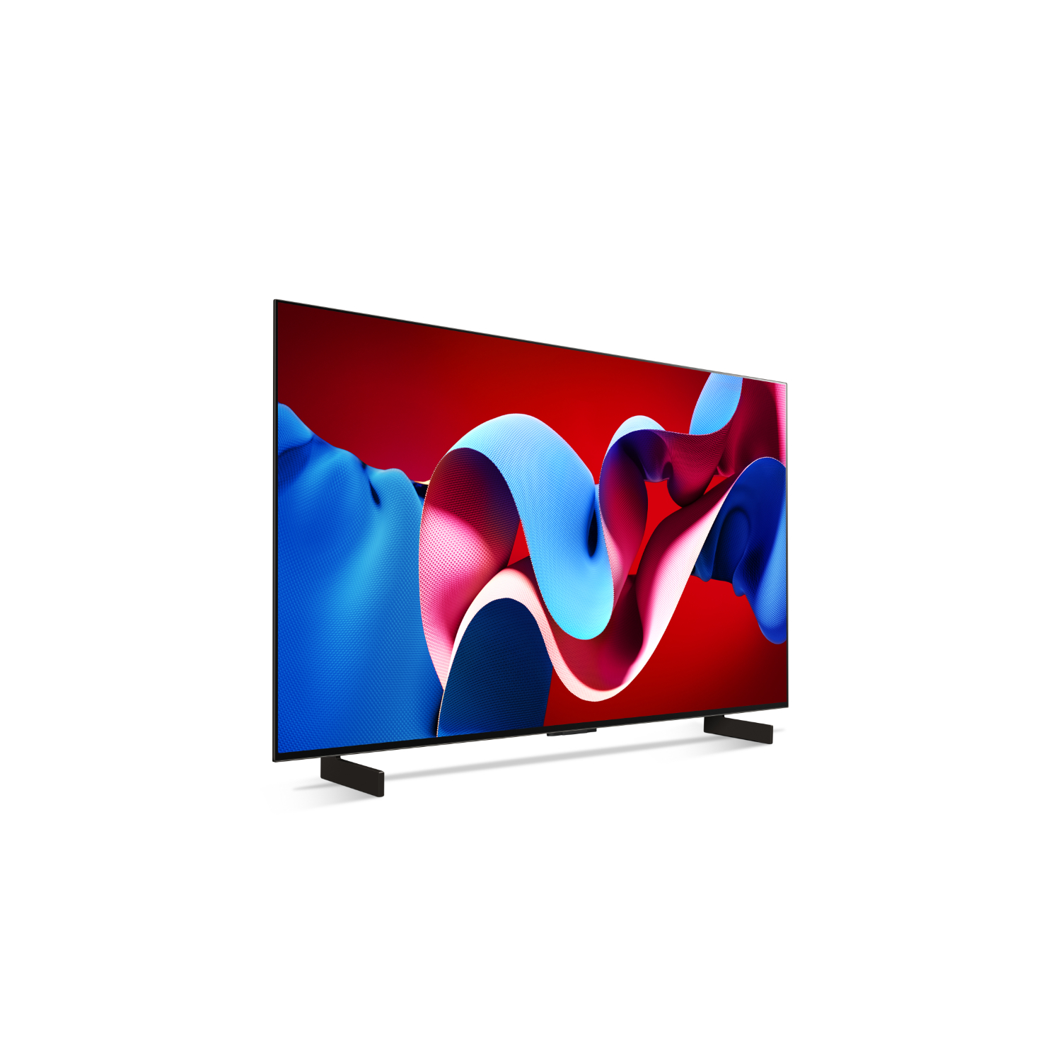 Un grand écran de télévision avec des formes colorées abstraites sur fond rouge.