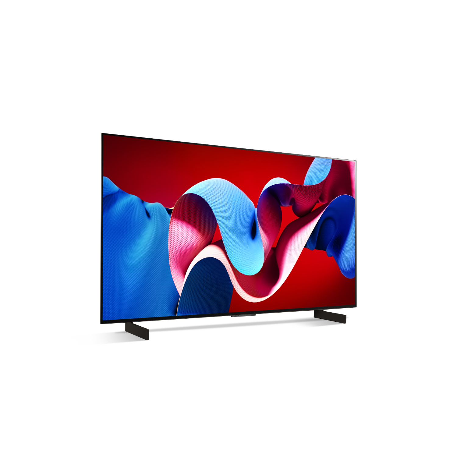 Un téléviseur grand écran affichant une œuvre d'art abstraite. L'art présente des rubans fluides rouges, bleus et roses sur fond rouge.