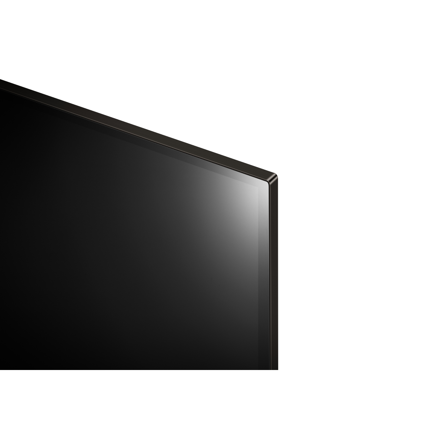 Gros plan sur un écran de télévision noir avec un cadre fin, sur fond blanc.