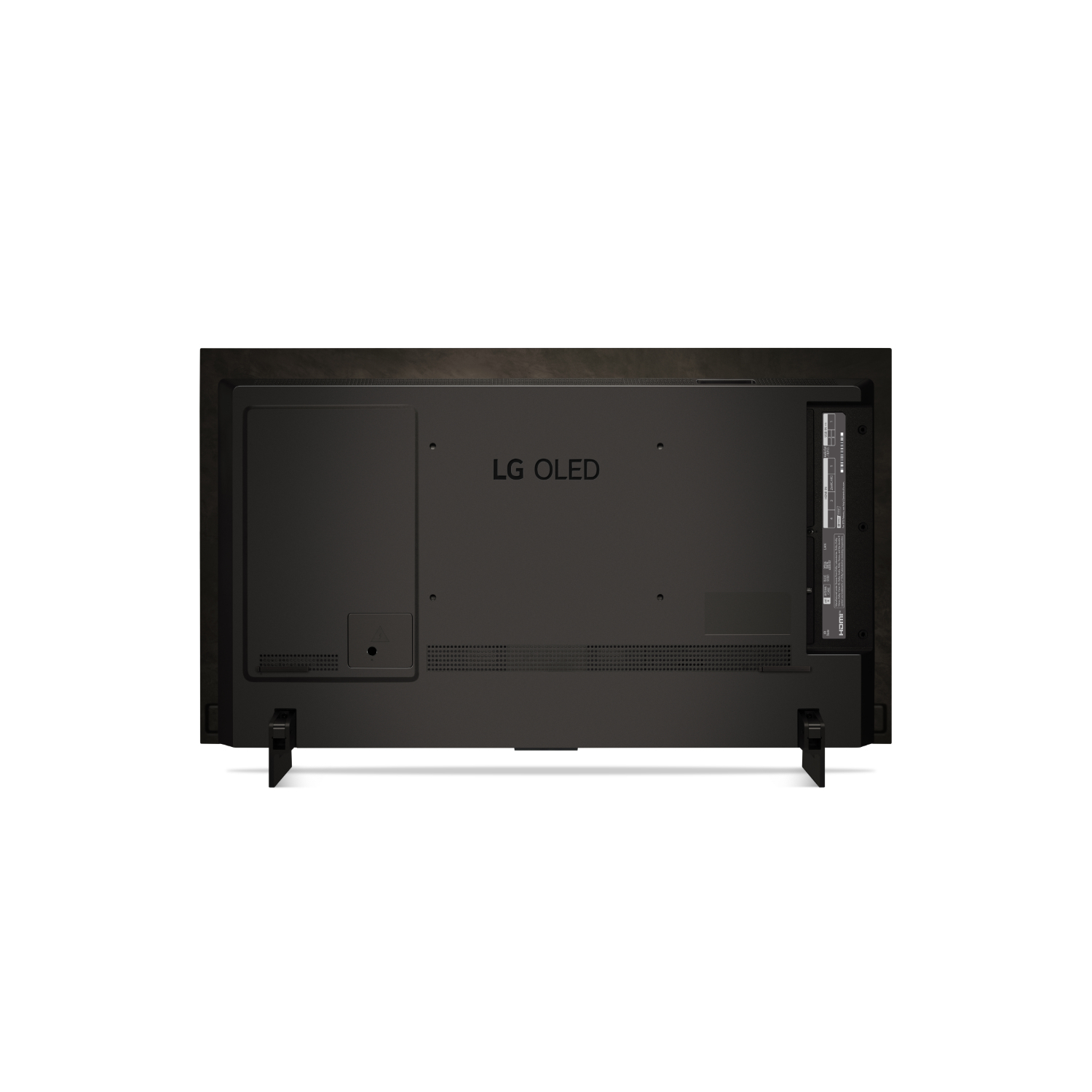 Dos d'une télévision noire. Il a un support, des ports et le logo LG OLED. La surface est sombre.