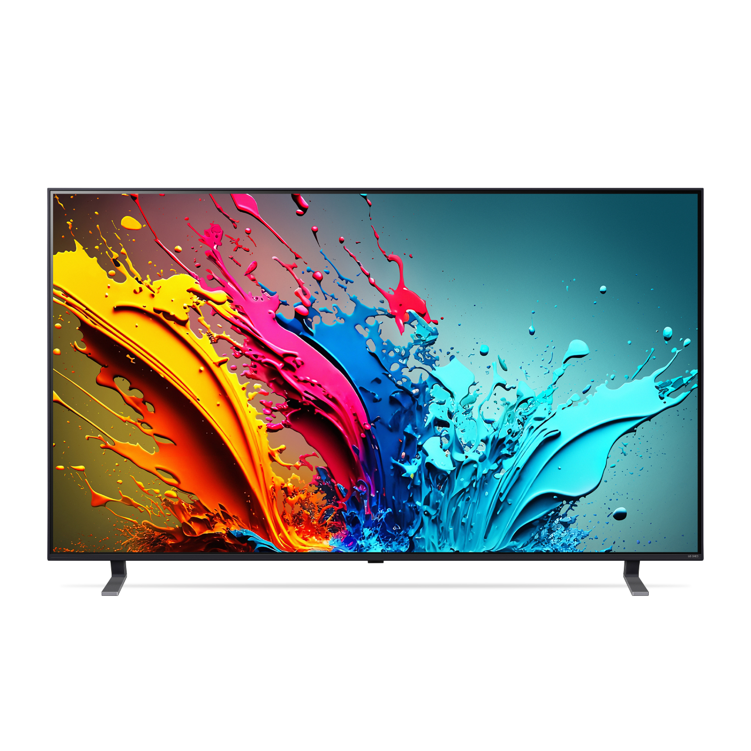 Large TV with colorful splash art on screen, black frame, black stand, white background.