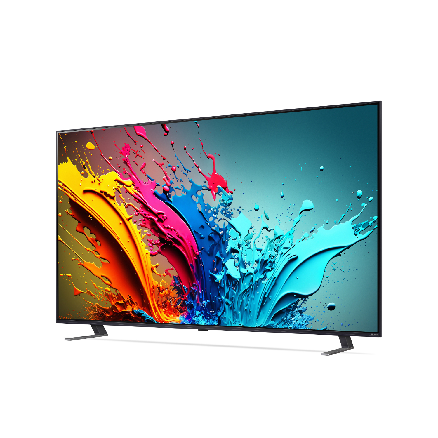 Large TV screen with colorful abstract art. The screen is on stands.