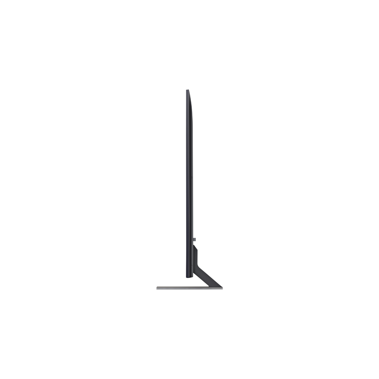 A side view of a sleek, thin, black TV on a stand.