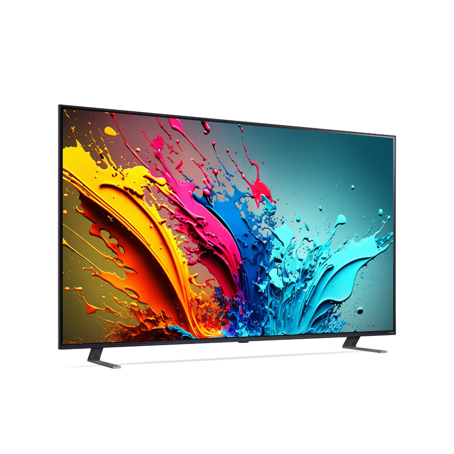 A modern TV with colorful abstract artwork on the screen. It is on a white background.