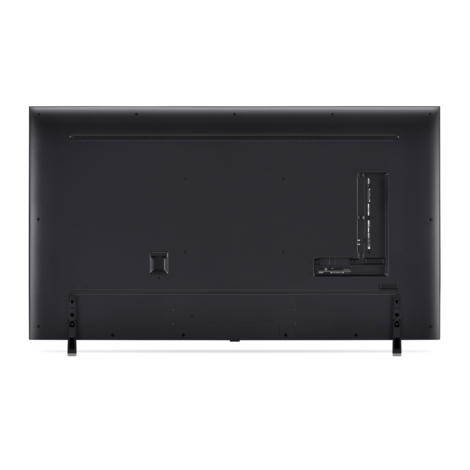 Rear view of a black TV with ports and stand.