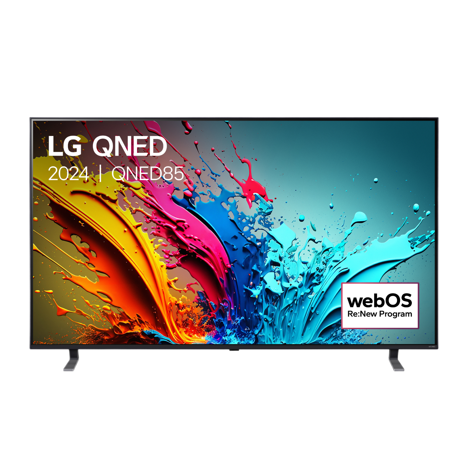 LG QNED tv-scherm met kleurrijke abstracte kunst. De tv heeft een standaard en een webOS-logo.