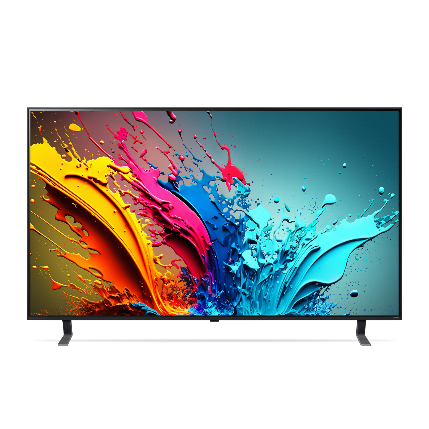 Tv-scherm met kleurrijke verfspatten. Gele, roze, blauwe verf op een grijze achtergrond.
