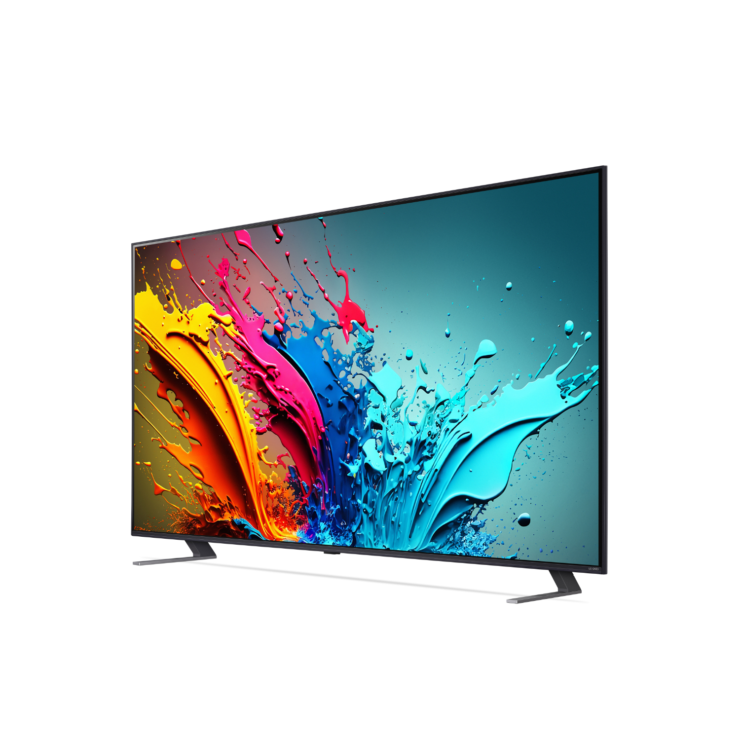 Een grote tv met een kleurrijk splash art scherm, met zwart frame op een witte achtergrond.