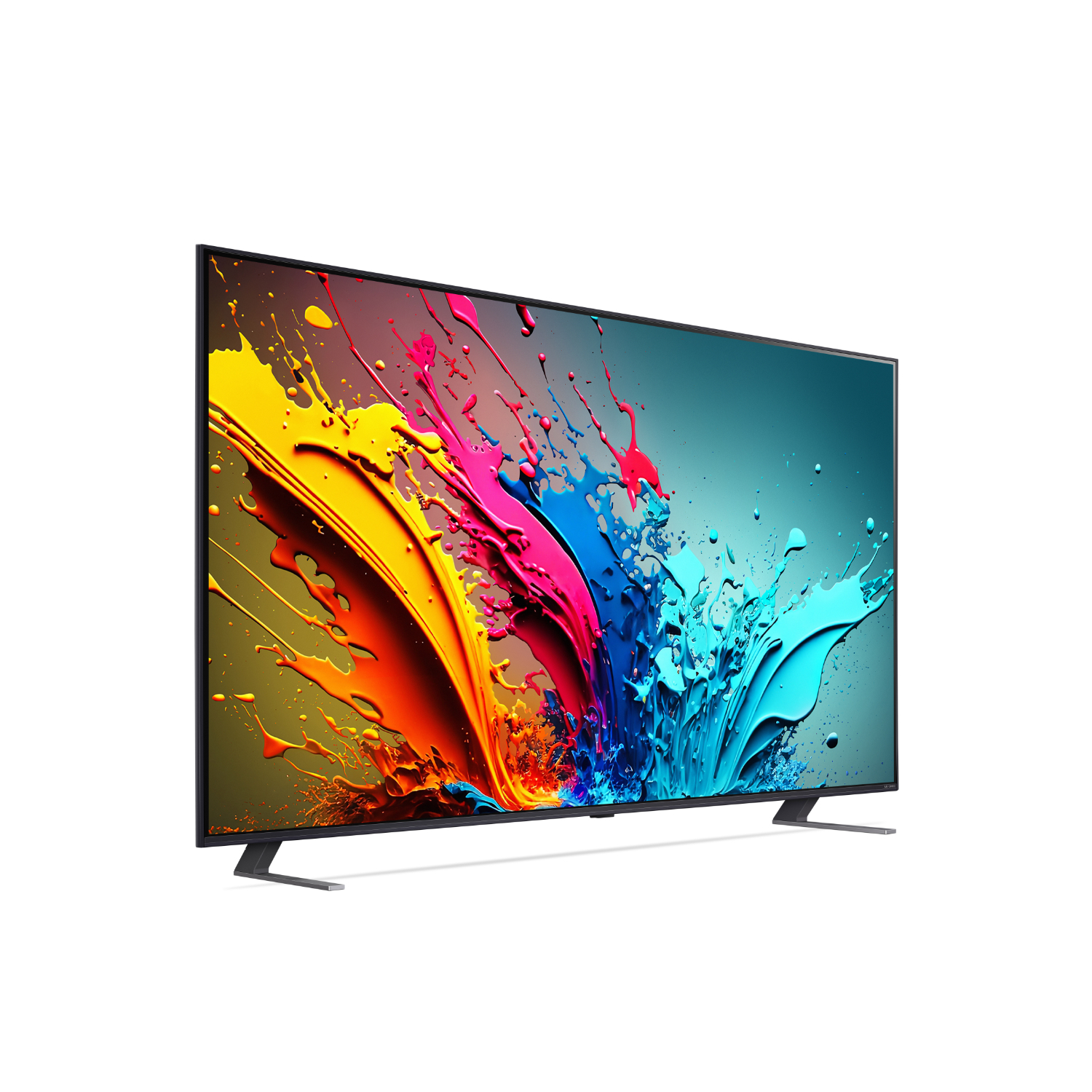 Een tv-scherm toont kleurrijke verfspatten. De tv staat op een witte achtergrond.