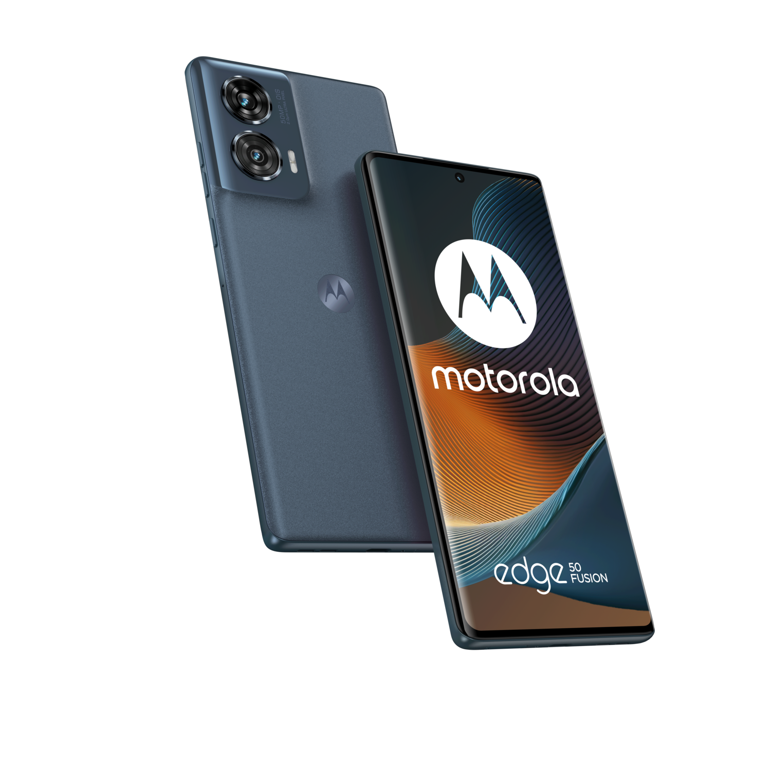 Téléphone Motorola Edge 50 Fusion. Dos bleu, écran à droite, fond noir.