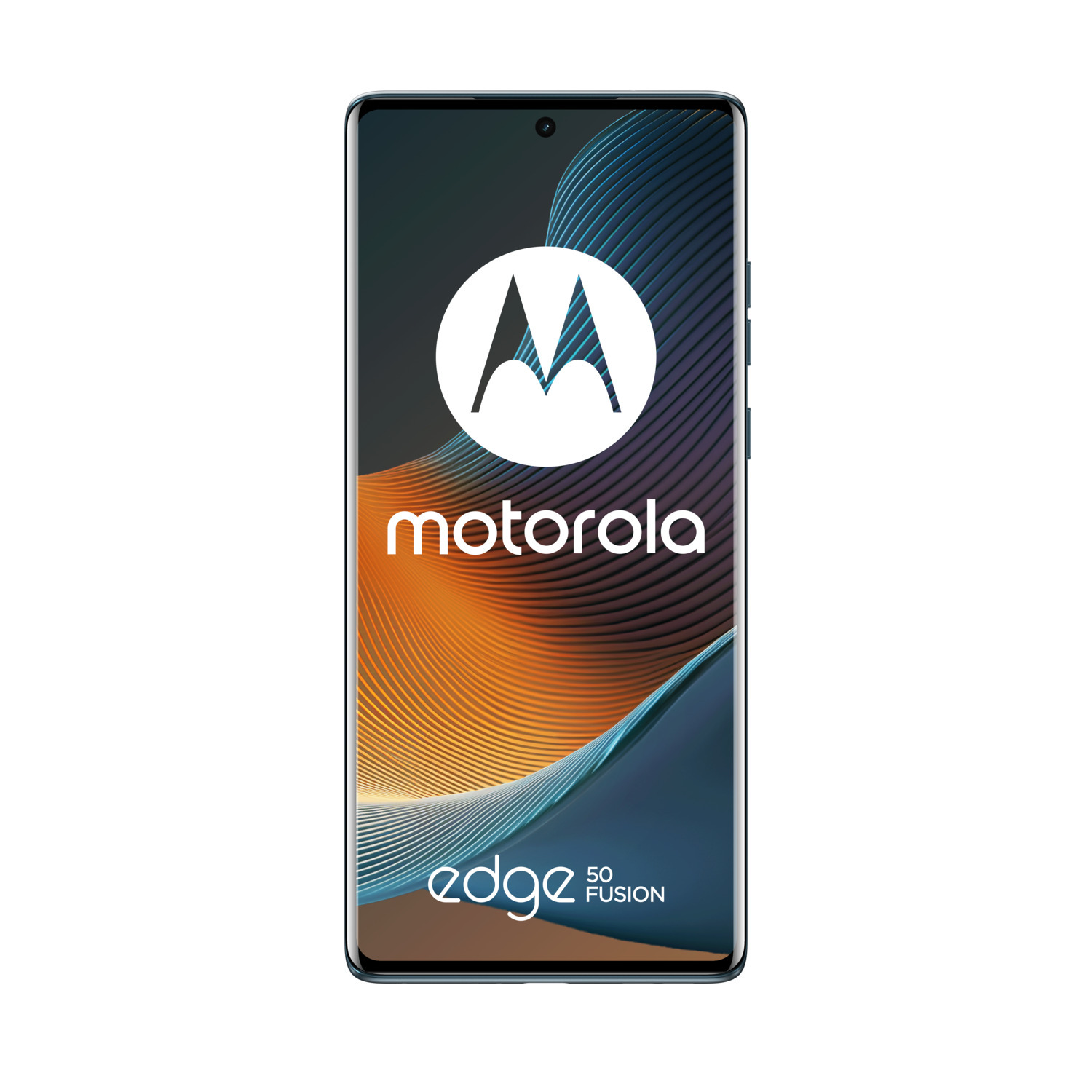 Un smartphone avec le logo Motorola et les mots 'edge 50 fusion'. L'écran affiche un fond coloré.