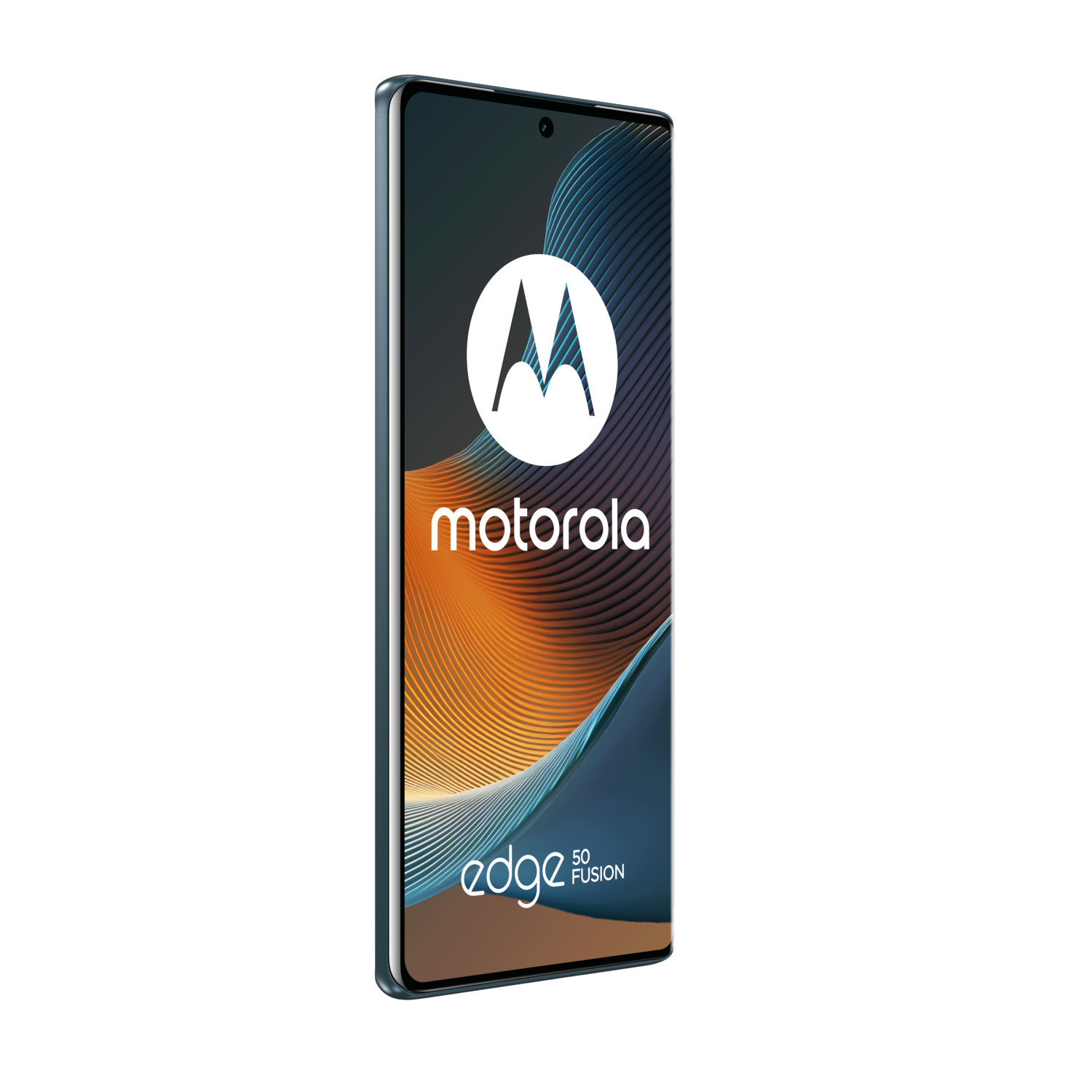 Smartphone Motorola Edge 50 Fusion, écran noir avec logo, cadre sarcelle, fond blanc.