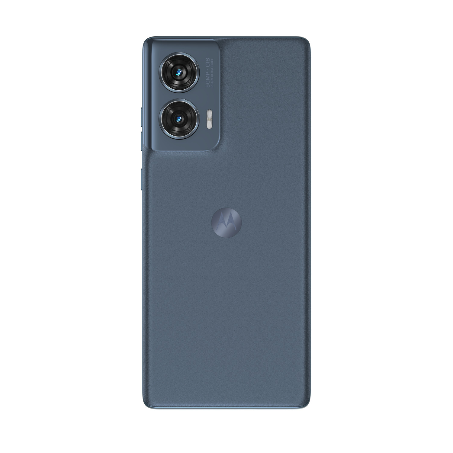Vue arrière d'un smartphone bleu avec deux caméras et un logo Motorola.