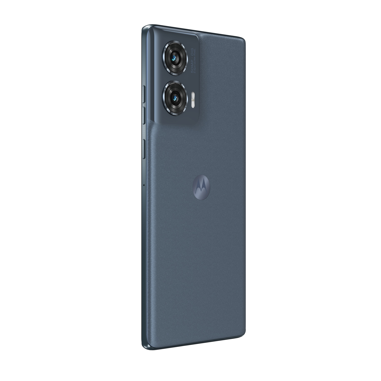 Téléphone bleu avec deux caméras et le logo Motorola.